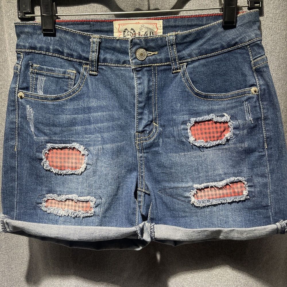 L&B Women's Mid Wash Denim Shorts with Plaid Inlays Size 4